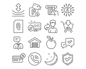 Set of Approve, Cashback and Support service icons. Attachment, Credit card and Resilience signs. Shopping, Parking garage and Parking security symbols. Vector