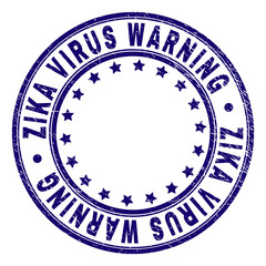 ZIKA VIRUS WARNING stamp seal imprint with distress texture. Designed with round shapes and stars. Blue vector rubber print of ZIKA VIRUS WARNING caption with retro texture.