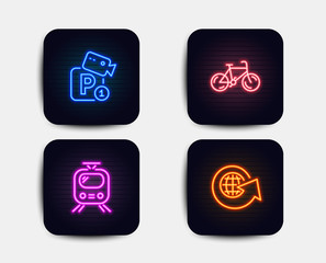 Neon glow lights. Set of Parking security, Train and Bicycle icons. World globe sign. Video camera, Tram, Bike. Around the world.  Neon icons. Glowing light banners. Vector