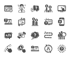 UX icons. Set of AB testing, Journey path map and Question mark icons. Usability quiz test, Ux Ui and User flow. Project process, ab testing graph, survey test results. Quiz question. Vector