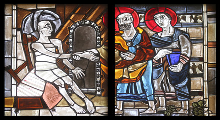 Scenes from the life of St. Peter, stained glass window in the parish church of St. Peter and Paul in Oberstaufen, Germany 