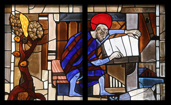 Scenes from the life of St. Paul, stained glass window in the parish church of St. Peter and Paul in Oberstaufen, Germany 