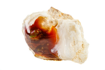 Macro mineral stone fiery Agate on a white background