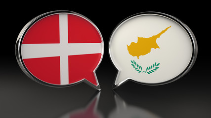 Denmark and Cyprus flags with Speech Bubbles. 3D illustration