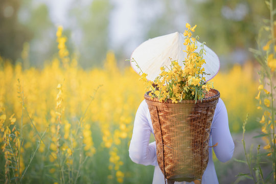 Vietnamese girl with yellow flowers.