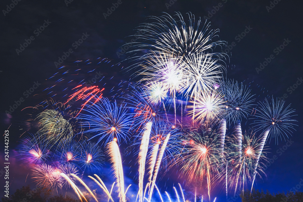 Poster brightly colorful fireworks on twilight background