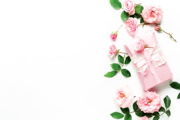 Bouquet frame border of beautiful pink roses on  a white background.Top view.Copy space