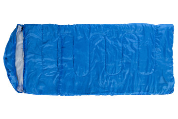 blue sleeping bag, laid out, top view, on a white background