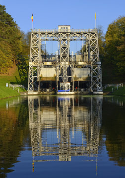 Old hydraulic boat lift No. 3 at Strepy - Bracquegnies, historic Canal du Centre, Belgium, UNESCO World Heritage Site