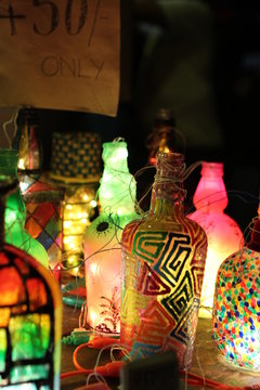 Decorated bottles in light