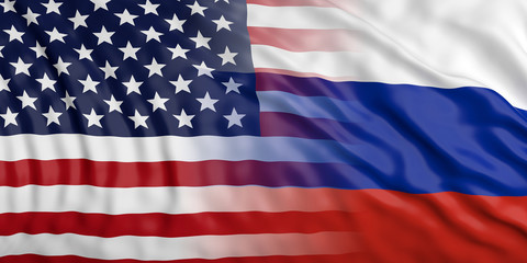 USA and Russia relations. US of America and Russia flags background. 3d illustration