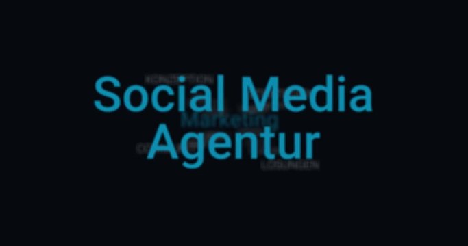 Animation welche die Leistungen einer Social Media Agentur zeigt (z.B. Marketing, Konzeption, Strategie, L&ouml;sungen). Schwarzer Hintergrund, blauer Text