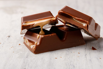 broken chocolate bar with caramel filling