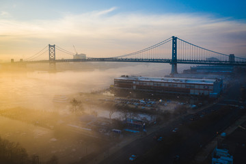 Aerial of Foggy Sunrise Benjamin Franklin Bridge