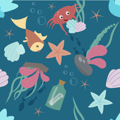 Seamless pattern with underwater cute animals. Perfect for kids things design Pattern is  saved in swatch panel. Vector EPS10.