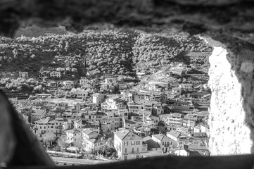 Dolceacqua city view. Black and white photo