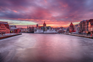 Gdansk sunset on the Motlawa river, Poland, winter view