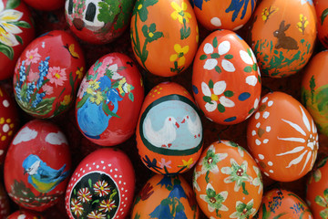 Easter eggs exposed in front of the parish church of St. Stephen in Wasseralfingen, Germany