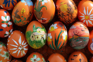 Easter eggs exposed in front of the parish church of St. Stephen in Wasseralfingen, Germany