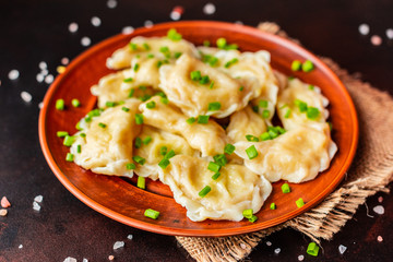 The boiled made dumplings with a stuffing with oil and green onions on a dark table. It can be used as a background