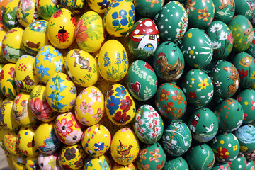 Easter eggs exposed in front of the parish church of St. Stephen in Wasseralfingen, Germany