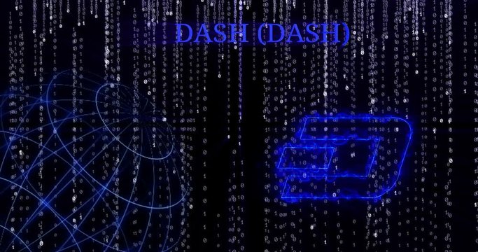 Glowing Dash (DASH) symbol against the falling binary code symbols