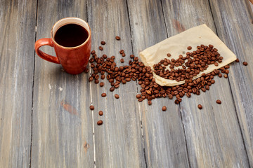 coffee mug on a wooden background of