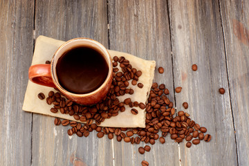 coffee mug on a wooden background of