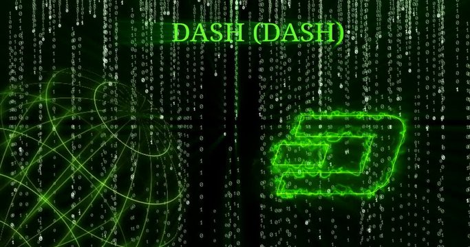 Glowing Dash (DASH) symbol against the falling binary code symbols