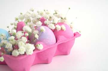 Easter color painted eggs on a white background.