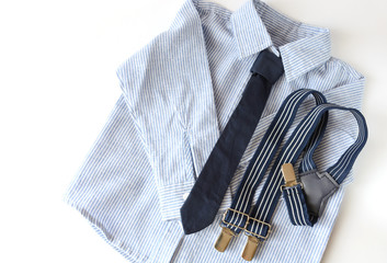 Set of festive clothes for the little boy - white-blue striped, cotton shirt with tie and suspenders