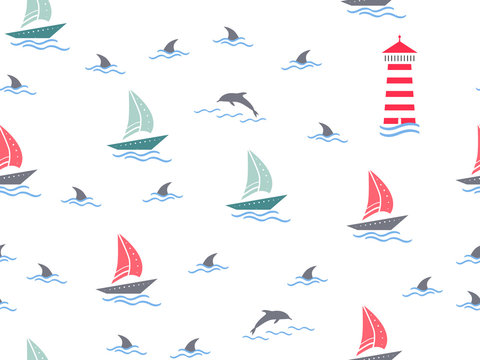 Marine, lighthouse, sailboat seamless pattern. Yachts, boats, dolphins, cute doodle baby elements. Sea summer background. Childish background for fabric, baby clothes, Hand drown design for boys.