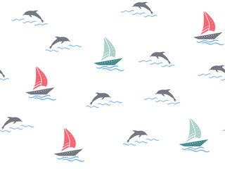 Marine, lighthouse, sailboat seamless pattern. Yachts, boats, dolphins, cute doodle baby elements. Sea summer background. Childish background for fabric, baby clothes, Hand drown design for boys.