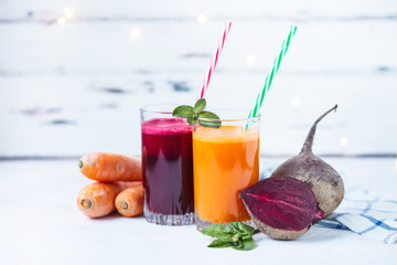 fresh juice from homemade vegetables. Beet and carrot smoothie. Detox, vegetarianism On a bright...