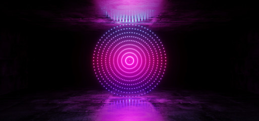 Sci Fi Futuristic Cyber Modern Alien Dance Retro Club Stage Neon Laser Dots Circle Shaped Glowing Purple Pink Blue Gradient On Grunge Concrete 3D Rendering