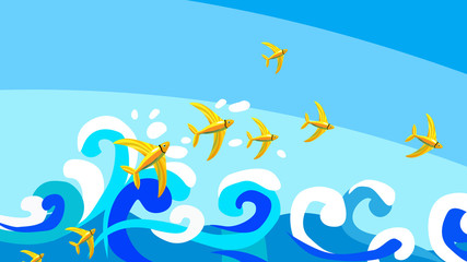 Fototapeta na wymiar Flying fishes take off from sea waves and flight over surfase of ocean