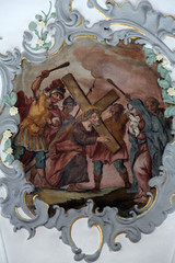 Jesus meets his mother, Way of the Cross, fresco on the ceiling of the Church of Our Lady of Sorrows in Rosenberg, Germany 