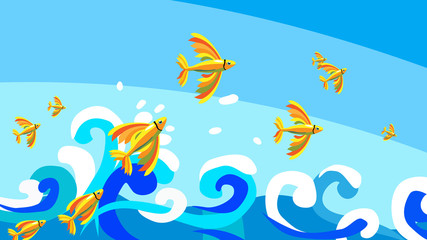 Fototapeta na wymiar Flying fishes are jumping ower waves, and unfold the beauty golden wings