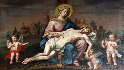 Fototapeta na wymiar Pieta altarpiece in the Church of Our Lady of Sorrows in Rosenberg, Germany 