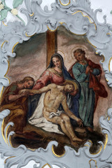 Jesus' body is removed from the cross, Way of the Cross, fresco on the ceiling of the Church of Our Lady of Sorrows in Rosenberg, Germany