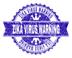 ZIKA VIRUS WARNING rosette stamp seal overlay with grunge style. Designed with round rosette, ribbon and small crowns. Blue vector rubber watermark of ZIKA VIRUS WARNING caption with grunge style.