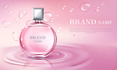 Vector 3d realistic poster, the banner with perfume bottle on the water surface. Shiny glass container with pink liquid. Cosmetic background for ad poster, promo banner. Floral essence, mock up.