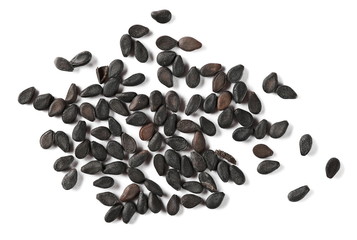 Black organic sesame seeds isolated on white background, macro and top view