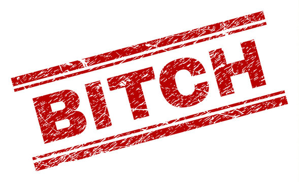 BITCH seal stamp with corroded texture. Red vector rubber print of BITCH title with corroded texture. Text label is placed between double parallel lines.