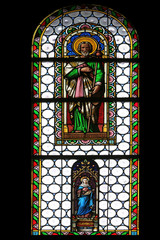 Saint James, stained glass window in parish church of St. James in Hohenberg, Germany 