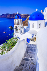 Oia, Santorini, Greece - Blue church and caldera - obrazy, fototapety, plakaty