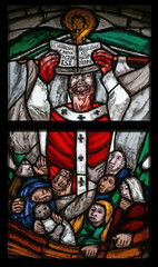 Obraz premium St. Patrick, stained-glass window in the parish church of St Patrick, work of painter Sieger Koder in Eggenrot, Germany