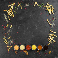 food background. french fries with ketchup, easy snack of the day