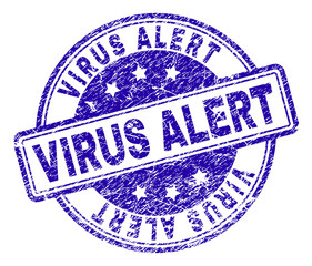 VIRUS ALERT stamp seal watermark with distress texture. Designed with rounded rectangles and circles. Blue vector rubber print of VIRUS ALERT text with dust texture.