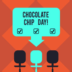 Handwriting text Chocolate Chip Day. Concept meaning date to enjoy tasty bits of choco in your cookies Blank Space Color Arrow Pointing to One of the Three Swivel Chairs photo